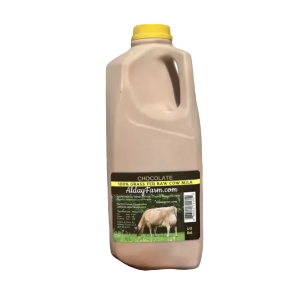 A bottle of Alday Farm Raw Cow Milk Chocolate with a yellow cap, against a plain background.