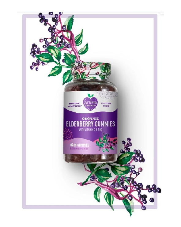 All Things Elderberry Gummies with Vitamin C and Zinc 60 ct bottle of immune support elderberry supplement gummies