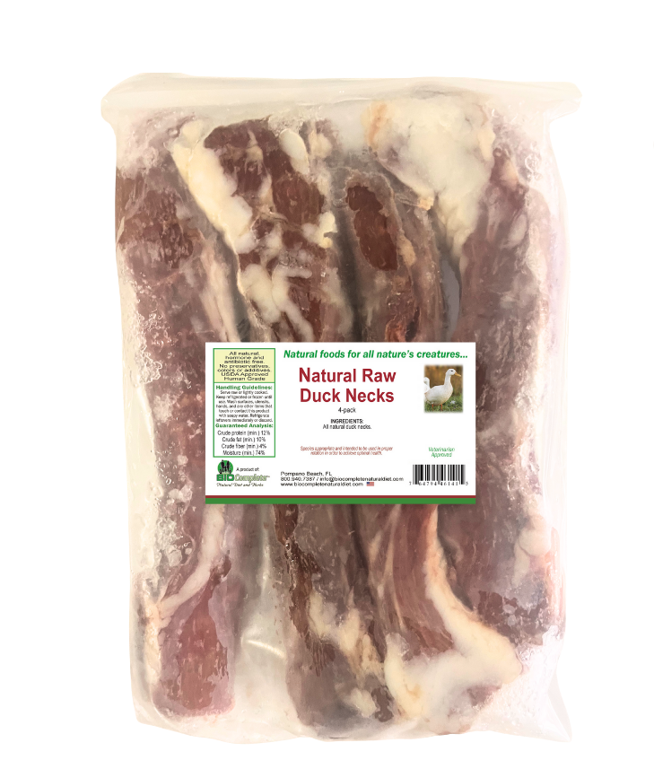 Package of natural raw duck necks with a label on a white background