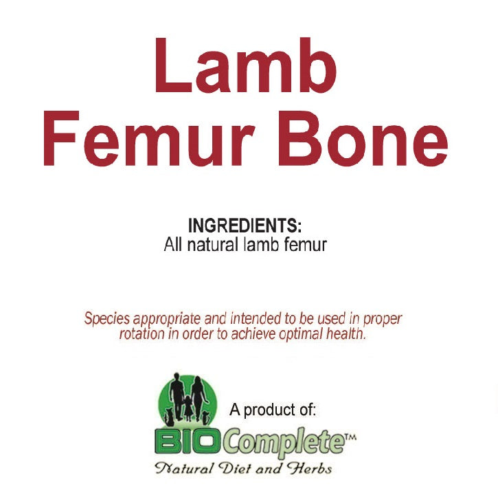 Packaging for BioComplete Lamb Femur Bone, indicating it's a product of BioComplete with no additives or hormones used.