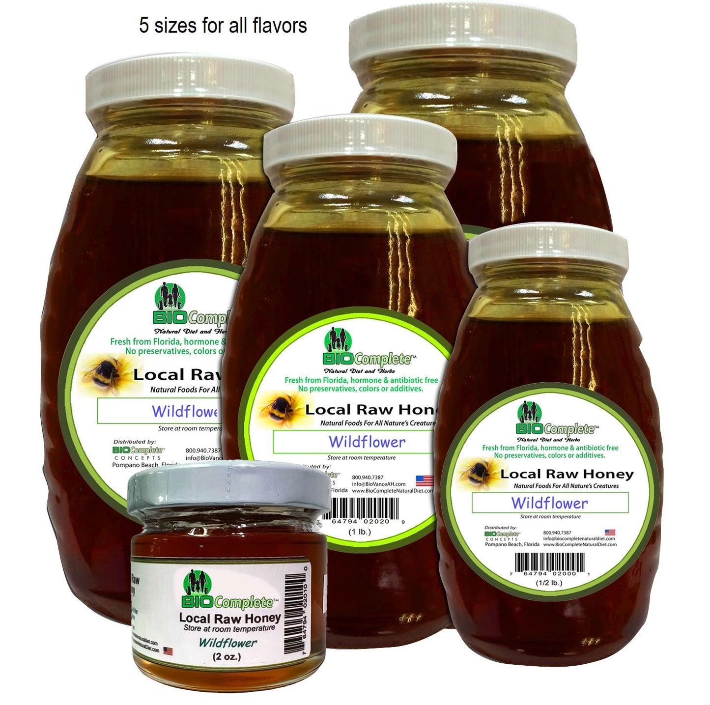 Multiple glass jars of BioComplete Local Raw Honey, with various sizes displayed and labels indicating the flavor as 'Wildflower'.