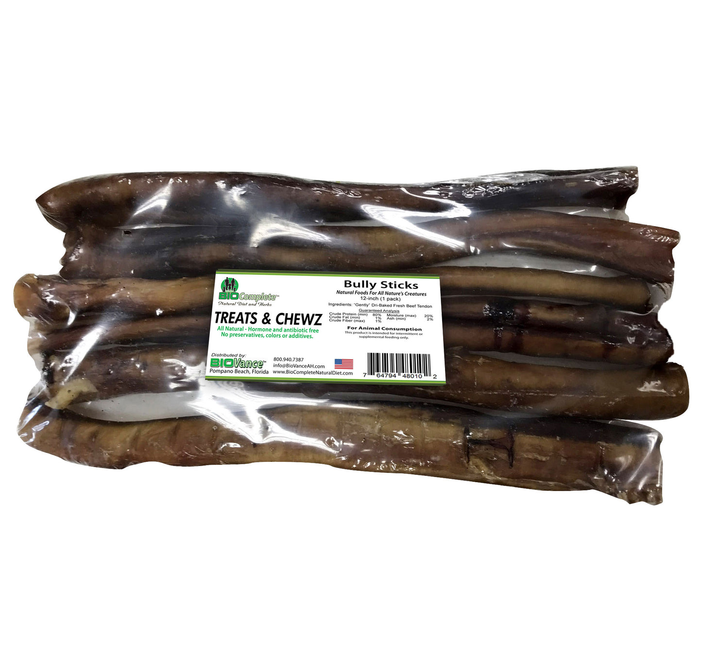 Packaged BioComplete Natural Baked Bully Sticks for dogs, visible through the clear plastic wrapping with a label showing the brand and product name.