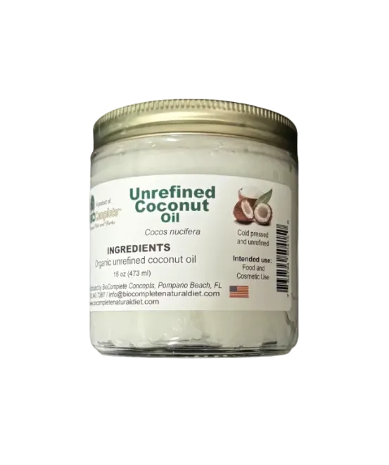 Biocomplete Jar of unrefined coconut oil with label on a white background