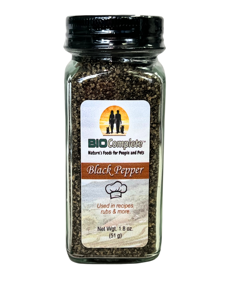 A bottle of BioComplete Black Peppercorn, with the label showing the product name and the statement 'used in recipes for cooking or baking'.