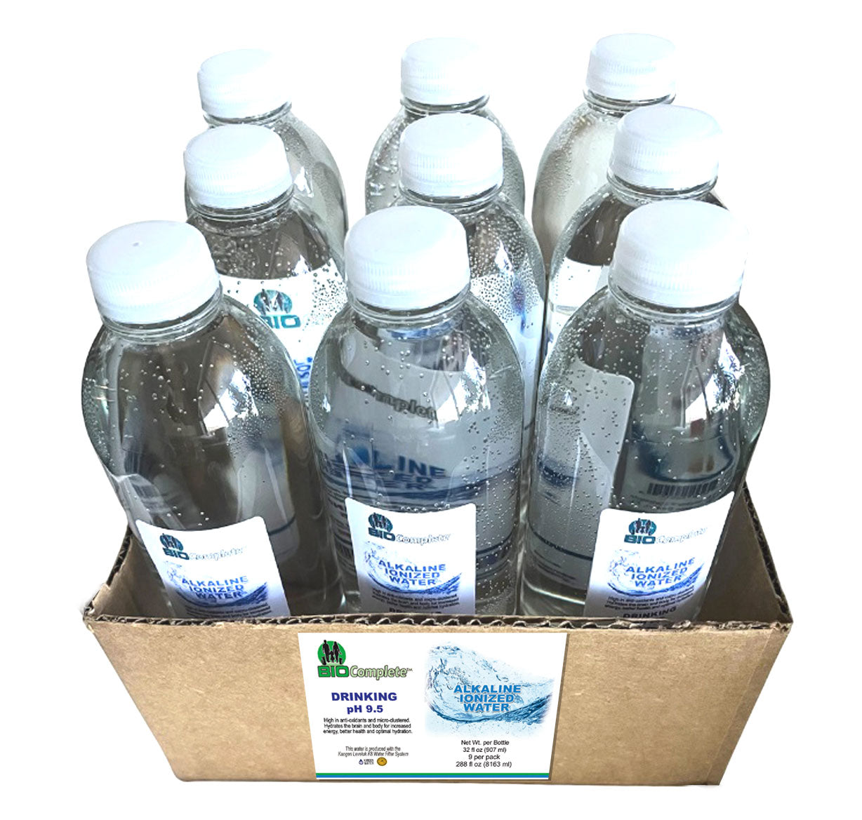 Box of water bottles with visible labels on a white background