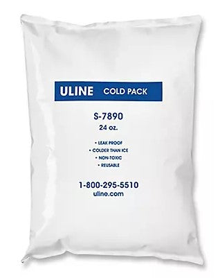 A white, sealed cold pack with the Uline brand label.