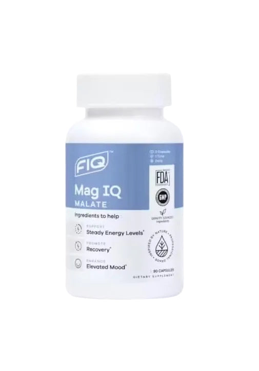 A blue and white container labeled 'FIQ Mag IQ Malate' with text indicating its purpose to help steady energy levels, support recovery, and enhance elevated mood.