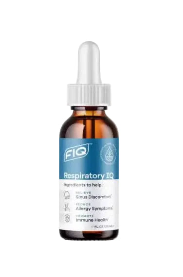 A bottle of FIQ Respiratory IQ supplement with a label indicating it is a product to help with sinus discomfort, allergy symptoms, and immune health.