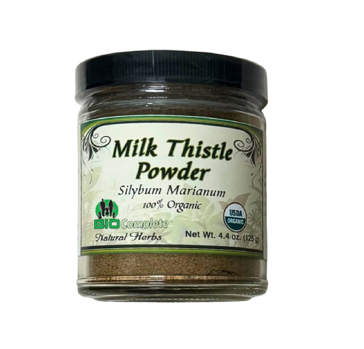 Jar of Milk Thistle Powder with label on a white background