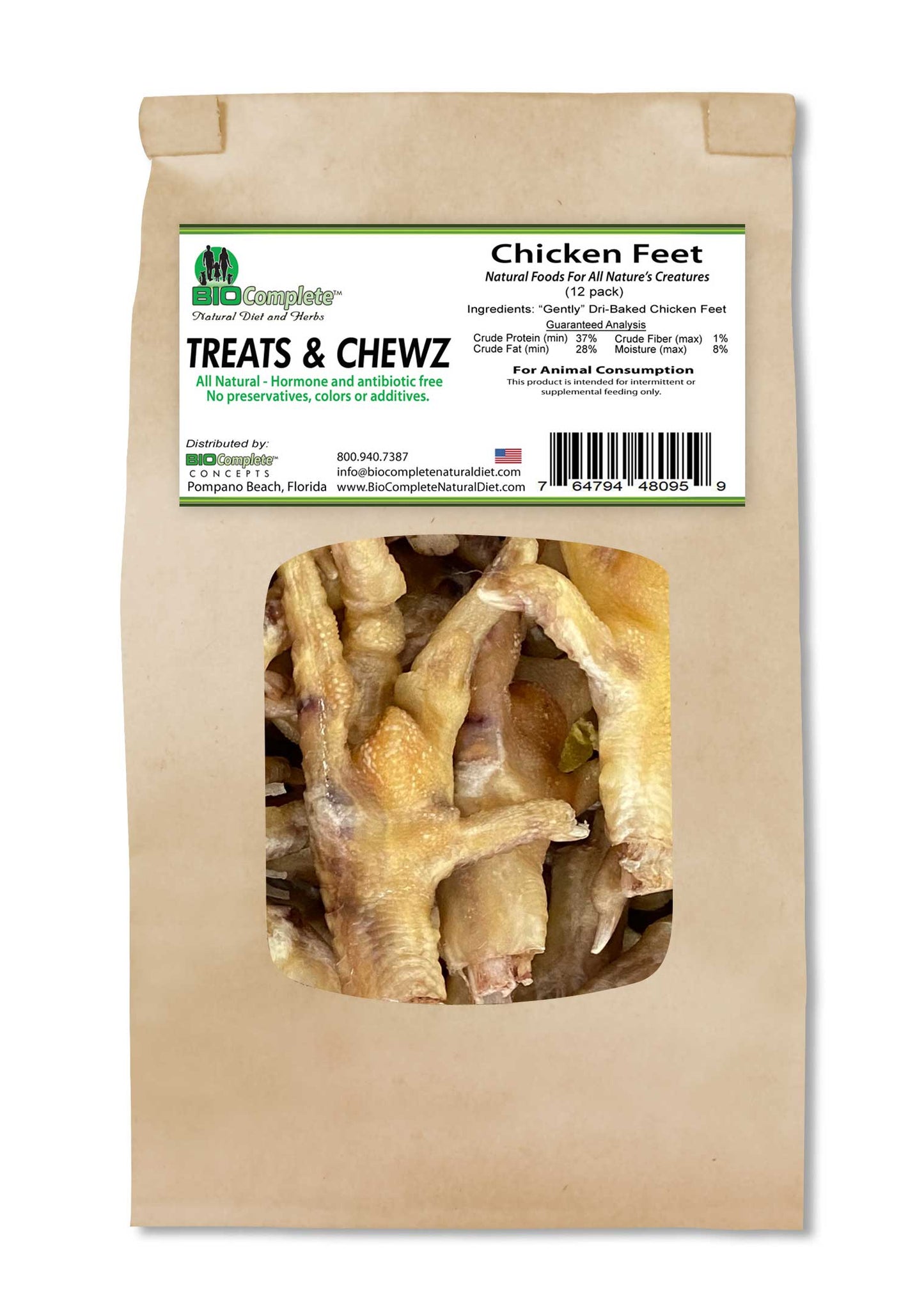 Packaging of BioComplete Natural Baked Chicken Feet Treats showing the product inside a transparent window.