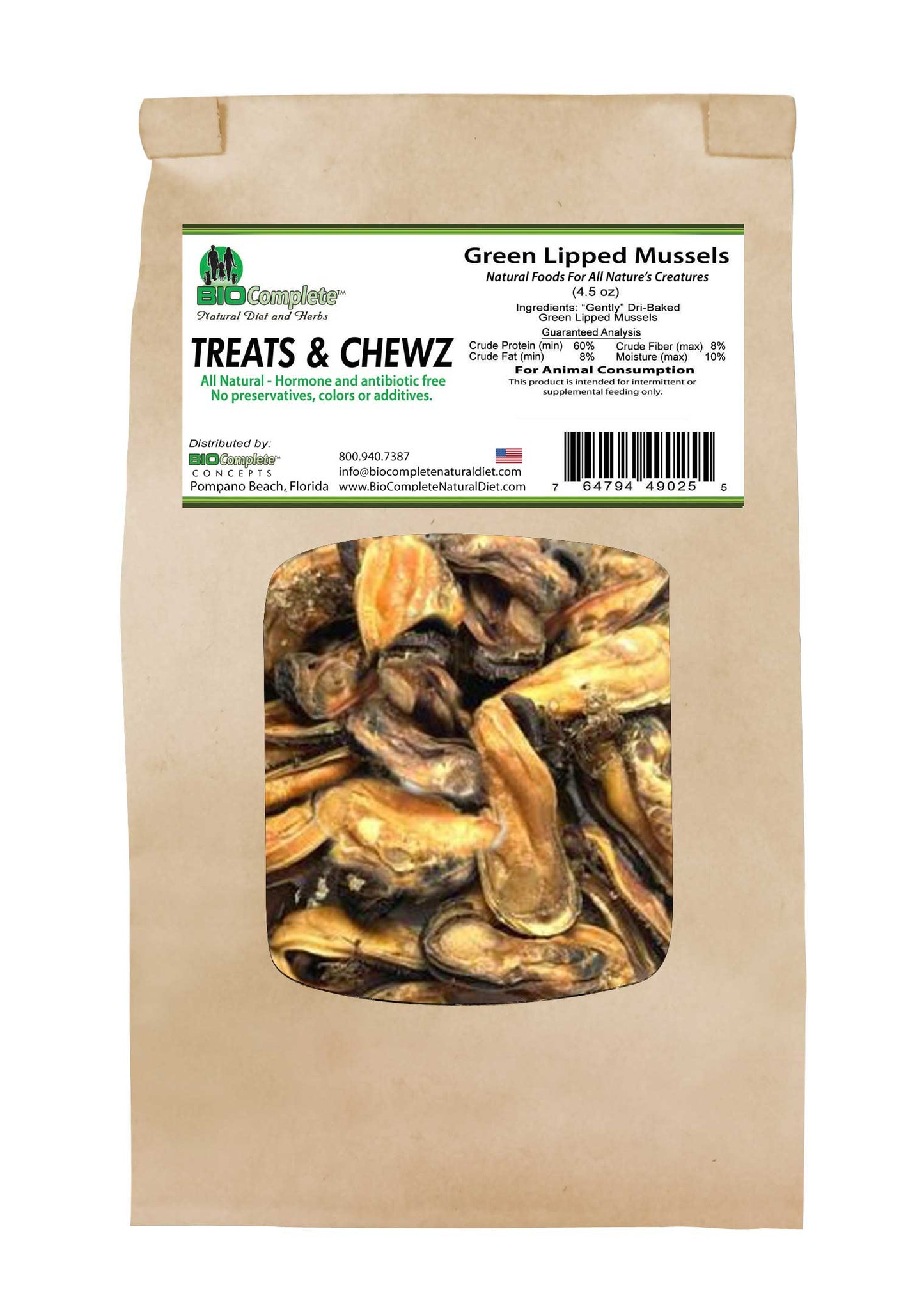 Packaging of BioComplete Natural Baked Green Lipped Mussel Treats with the product visible through a transparent window.