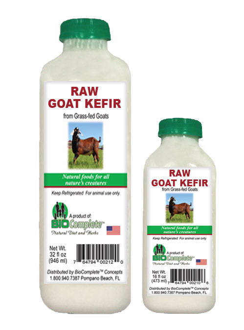 Two bottles of BioComplete Raw Goat Kefir, one larger and one smaller, with labels showing information about the product.
