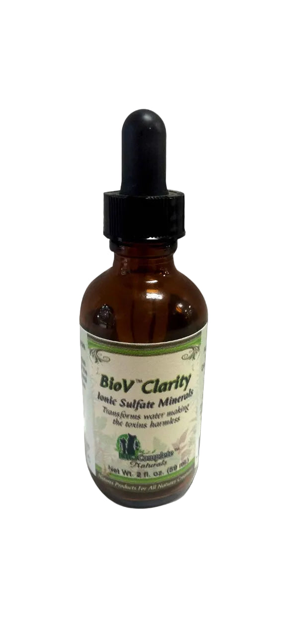 A dropper bottle labeled 'BioV Clarity Ionic Sulfate Minerals' designed for water purification.