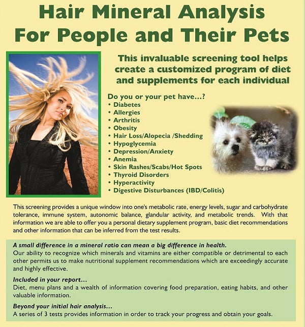 An advertisement for BioComplete Hair Mineral Testing, highlighting its purpose and benefits for both people and their pets. It includes images of a smiling woman and a dog, along with some text.