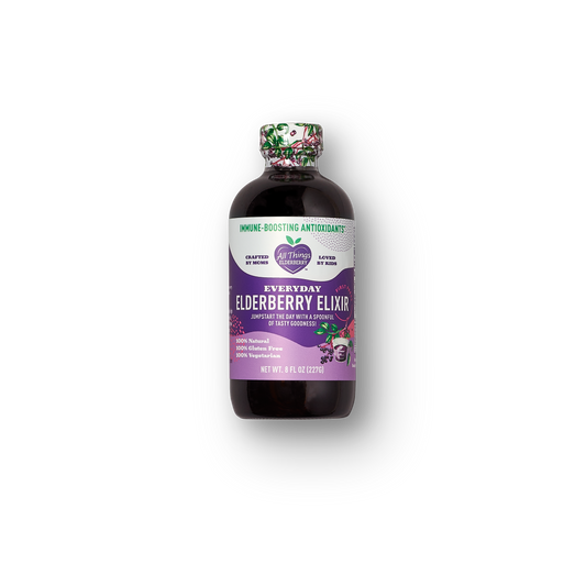 All Things Elderberry Elixir 8 oz bottle of antioxidant-rich elderberry syrup for immune support and wellness