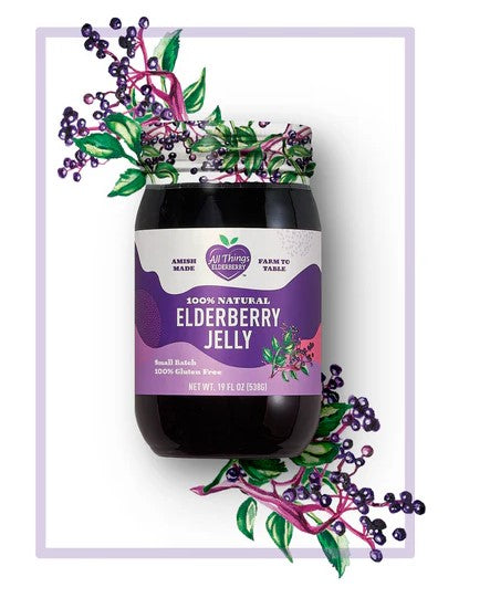 All Things Elderberry Jelly 19 FL oz glass jar filled with rich, fruity elderberry jelly perfect for toast and desserts