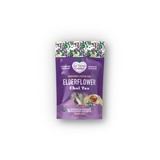 All Things Elderflower Chai Tea 16 ct aromatic chai tea bags with fragrant elderflower and spice blend