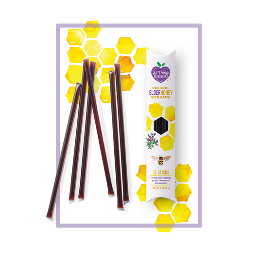 All Things Elderhoney 12 straws pack of sweet elderberry-infused honey sticks for snacks, tea, and natural wellness