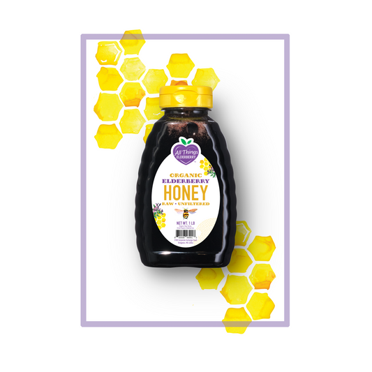 All Things Everyday Elderhoney 1 lb jar of pure elderberry-infused honey for tea, toast, and natural wellness remedies