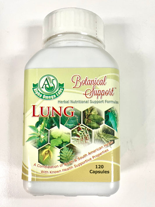 A bottle of Alpha Omega Lab's Botanical Support Lung supplement with various herbal ingredients listed on the label.