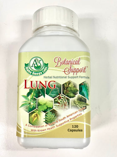 A bottle of Alpha Omega Lab's Botanical Support Lung supplement with various herbal ingredients listed on the label.