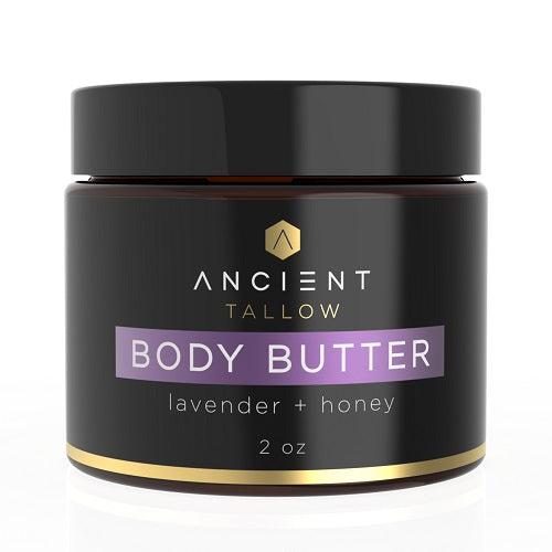 A jar of Ancient Tallow Body Butter with lavender and honey, 2 oz size.