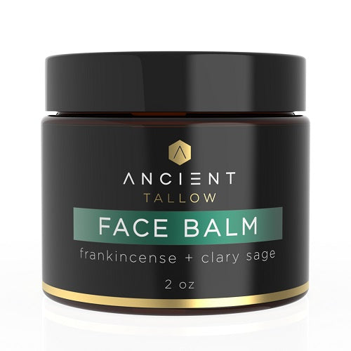 A jar of Ancient Tallow Face Balm with frankincense and clary sage, 2 oz size.