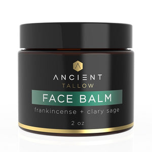 A jar of Ancient Tallow Face Balm with frankincense and clary sage, 2 oz size.