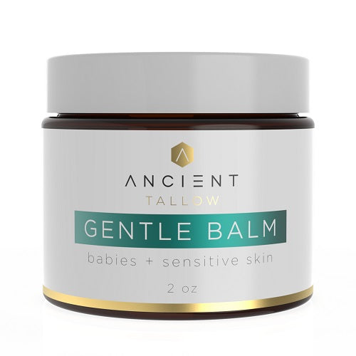A jar of Ancient Tallow Gentle Balm, labeled for babies and sensitive skin, with a capacity of 2 oz.
