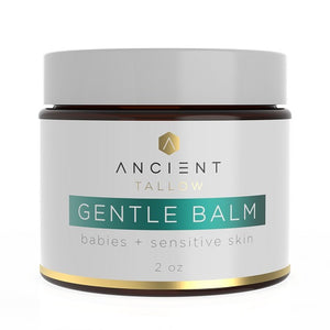 A jar of Ancient Tallow Gentle Balm, labeled for babies and sensitive skin, with a capacity of 2 oz.