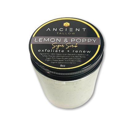 A container of Ancient Tallow Lemon & Poppy Sugar Scrub with a label that provides product details.