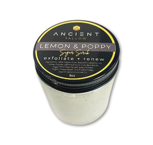 A container of Ancient Tallow Lemon & Poppy Sugar Scrub with a label that provides product details.