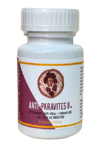A bottle of Anti-Paravites II / Pau D Arco / Ivermectin 420 mg with a label that includes a leafy logo and text.