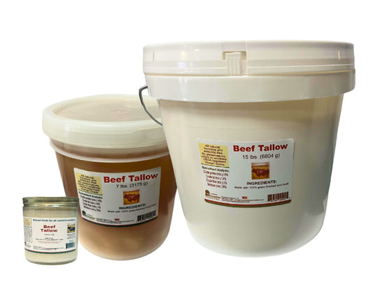 Three containers of BioComplete Beef Tallow, available in different sizes with the labels clearly visible.