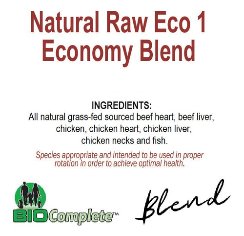 Packaging label for BioComplete Blend ECO #1, which is an all natural raw economy blend of grass-fed sourced beef heart, beef liver, chicken, chicken heart, chicken liver, chicken necks and fish.