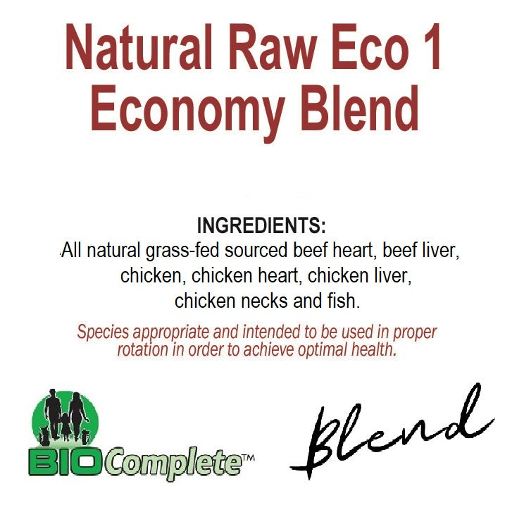 Packaging label for BioComplete Blend ECO #1, which is an all natural raw economy blend of grass-fed sourced beef heart, beef liver, chicken, chicken heart, chicken liver, chicken necks and fish.