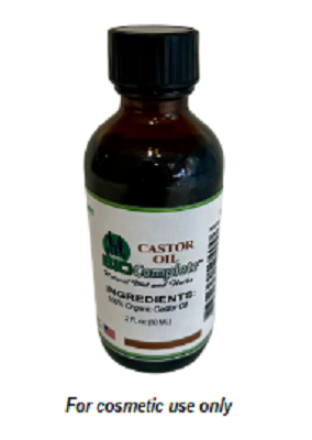 A bottle of BioComplete Castor Oil with a black cap and a label that indicates it is a product for cosmetic use only.