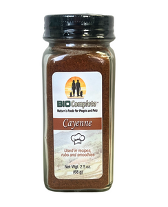 A jar of BioComplete Cayenne Powder, with a label indicating the product name and culinary uses.