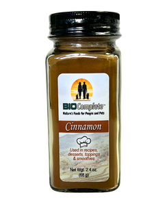 A bottle of BioComplete Cinnamon Bark Powder Culinary, with a label showing the brand logo and product name.