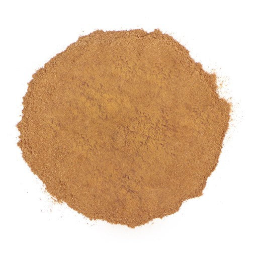 A pile of cinnamon bark powder on a white background.