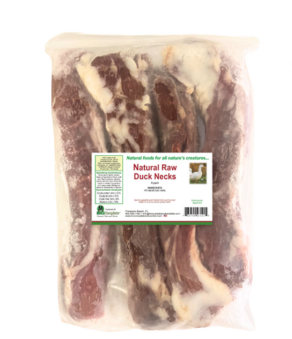 Package of natural raw duck necks with a label on a white background
