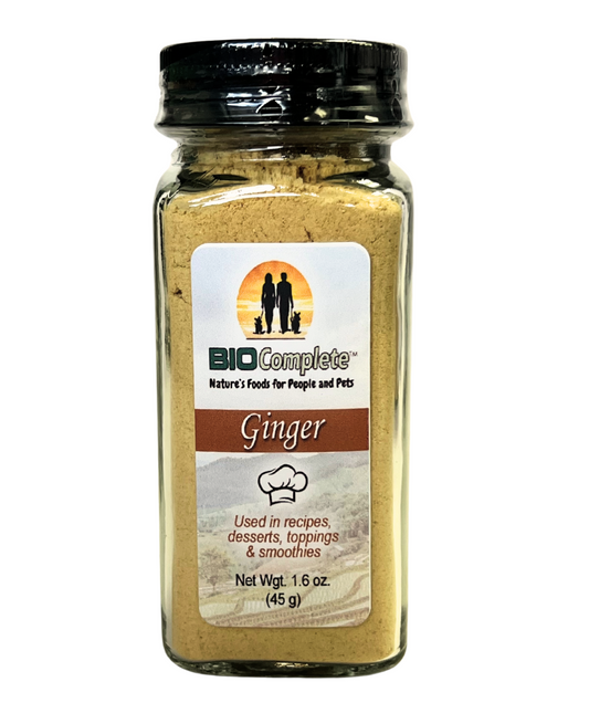 A bottle of BioComplete Ginger Root Powder Culinary, with a label showing the brand and the word 'Ginger'.