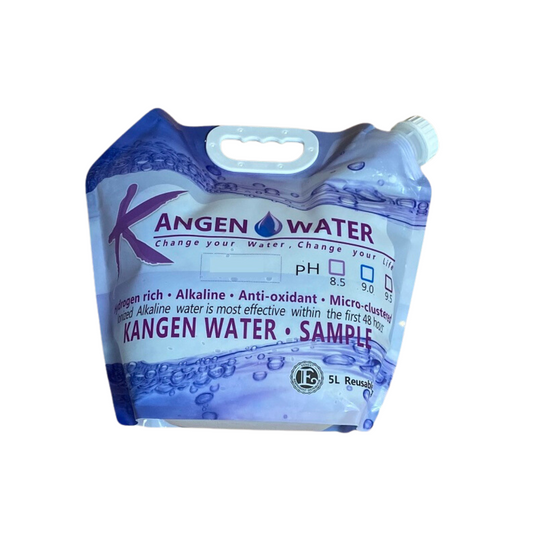 A 5-liter water bag with a label that includes the brand name Kangen and information such as 'alkaline', 'antioxidant', and 'micronized'. The bag is predominantly blue with white and purple text and a top handle for carrying.