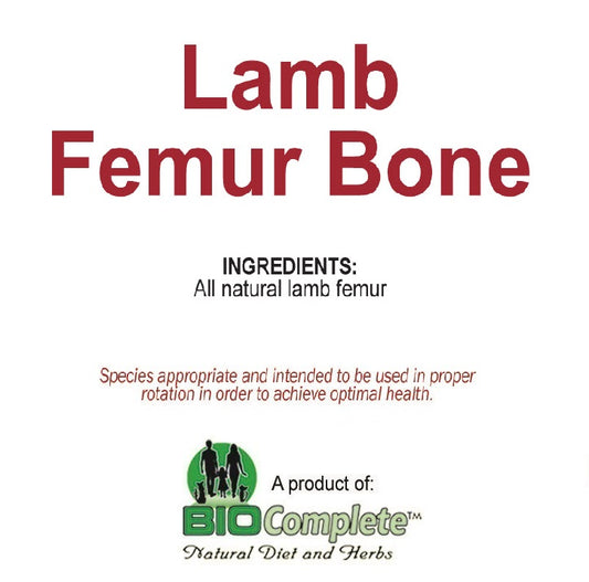 Packaging for BioComplete Lamb Femur Bone, indicating it's a product of BioComplete with no additives or hormones used.