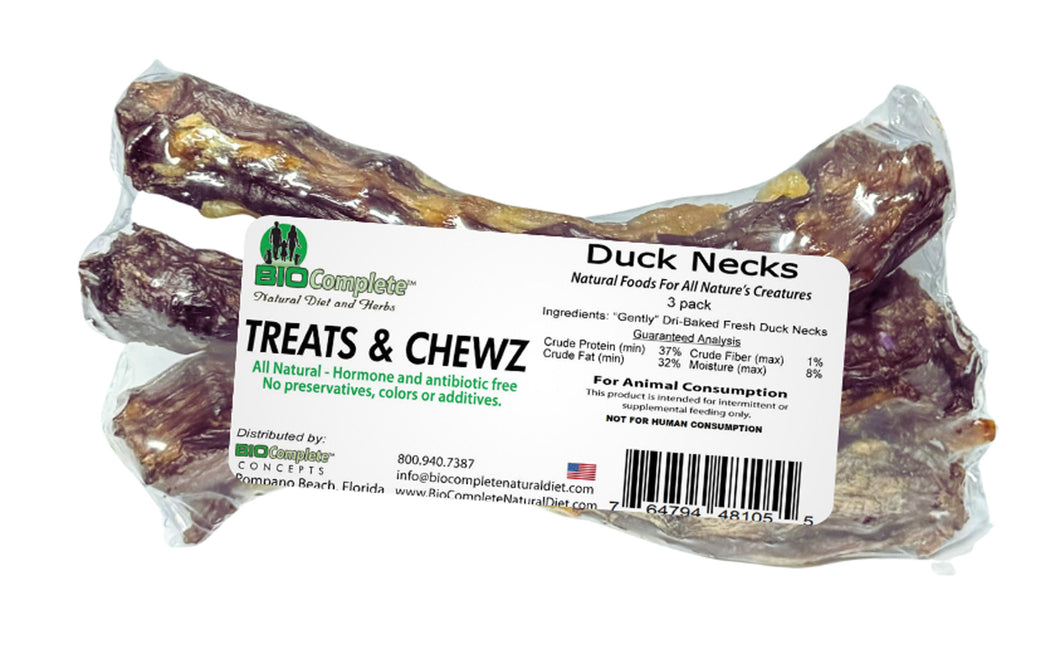 Packaged BioComplete Natural Baked Duck Necks in a clear plastic bag with branding and product information displayed.