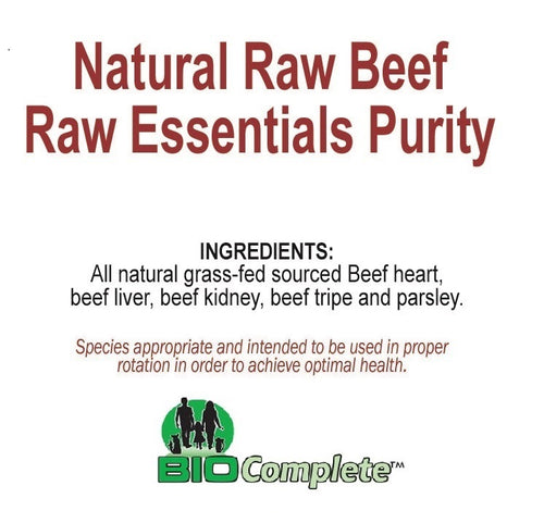 Packaging for BioComplete Natural Raw Beef Raw Essentials Ground Purity Grass-fed, listing ingredients such as beef heart, liver, kidney, tripe, and parsley.