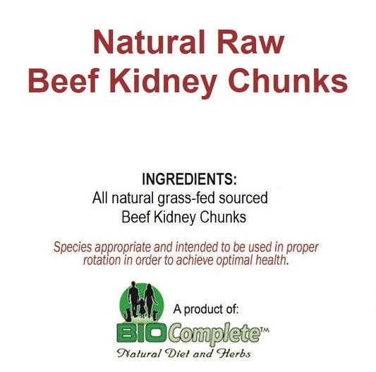Packaging for BioComplete Natural Raw Beef Kidney Chunks, indicating it is a product for achieving optimal pet health.