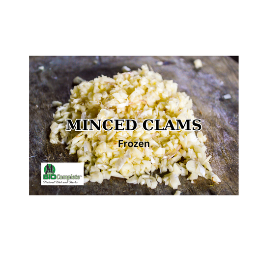 A package of BioComplete Natural Raw Minced Clams, frozen.