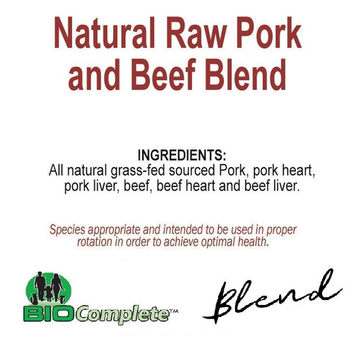 Packaging for BioComplete Natural Raw Pork and Beef Blend, displaying the product name and ingredients.
