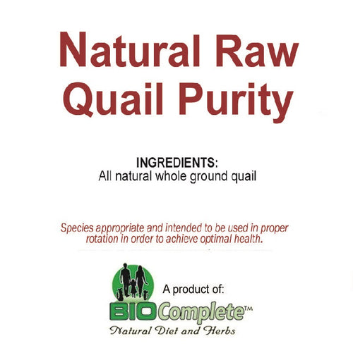 Packaging for BioComplete Natural Raw Quail Purity, indicating the product is made of all natural whole ground quail.